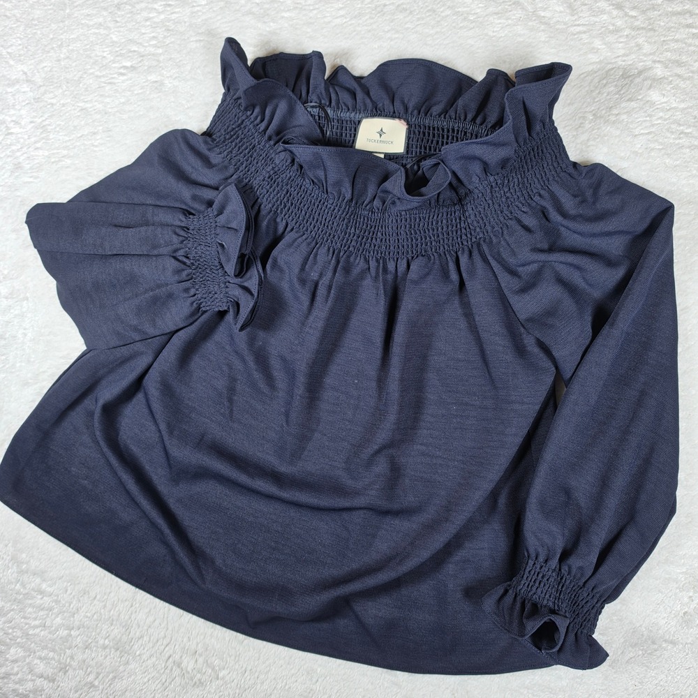 Tuckernuck Smocked Ruffle Neck Blouse Women S Navy Blue L/S Textured Top